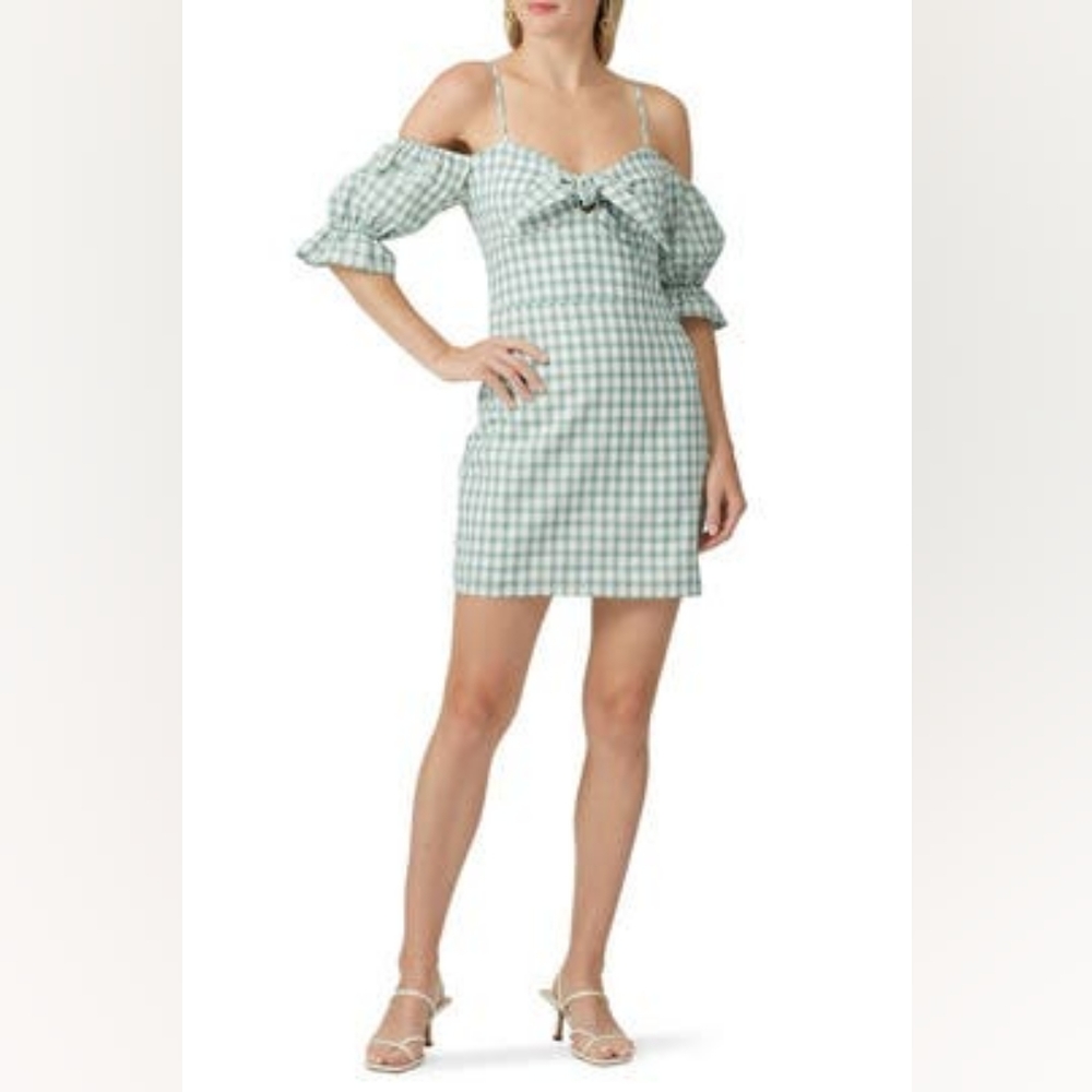LeRumi Mia Mini Dress Green White Gingham Plaid Open Shoulder Small